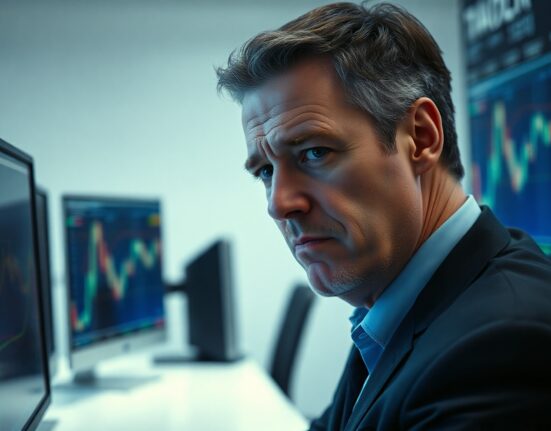 Arthur Hayes looking at a financial trading screen in a modern office.