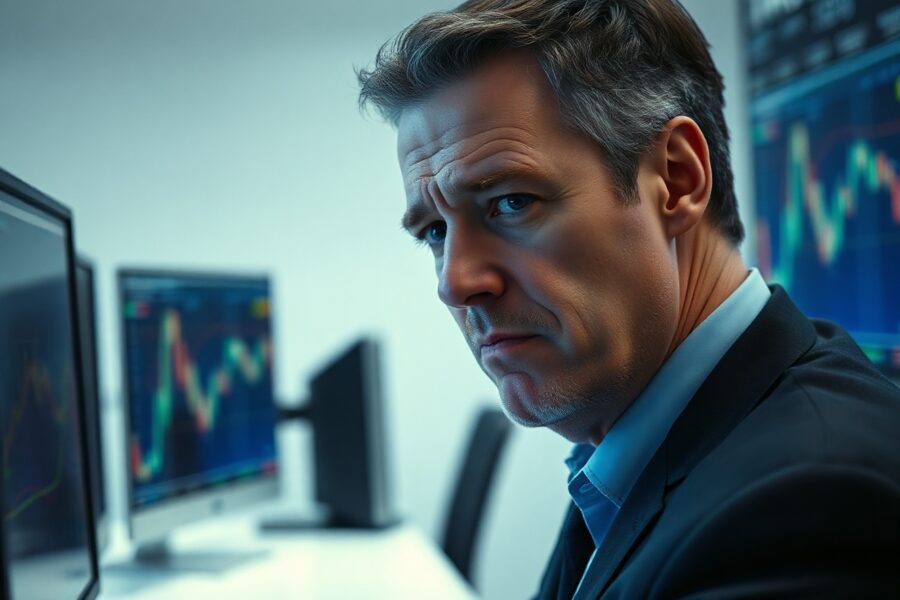 Arthur Hayes looking at a financial trading screen in a modern office.
