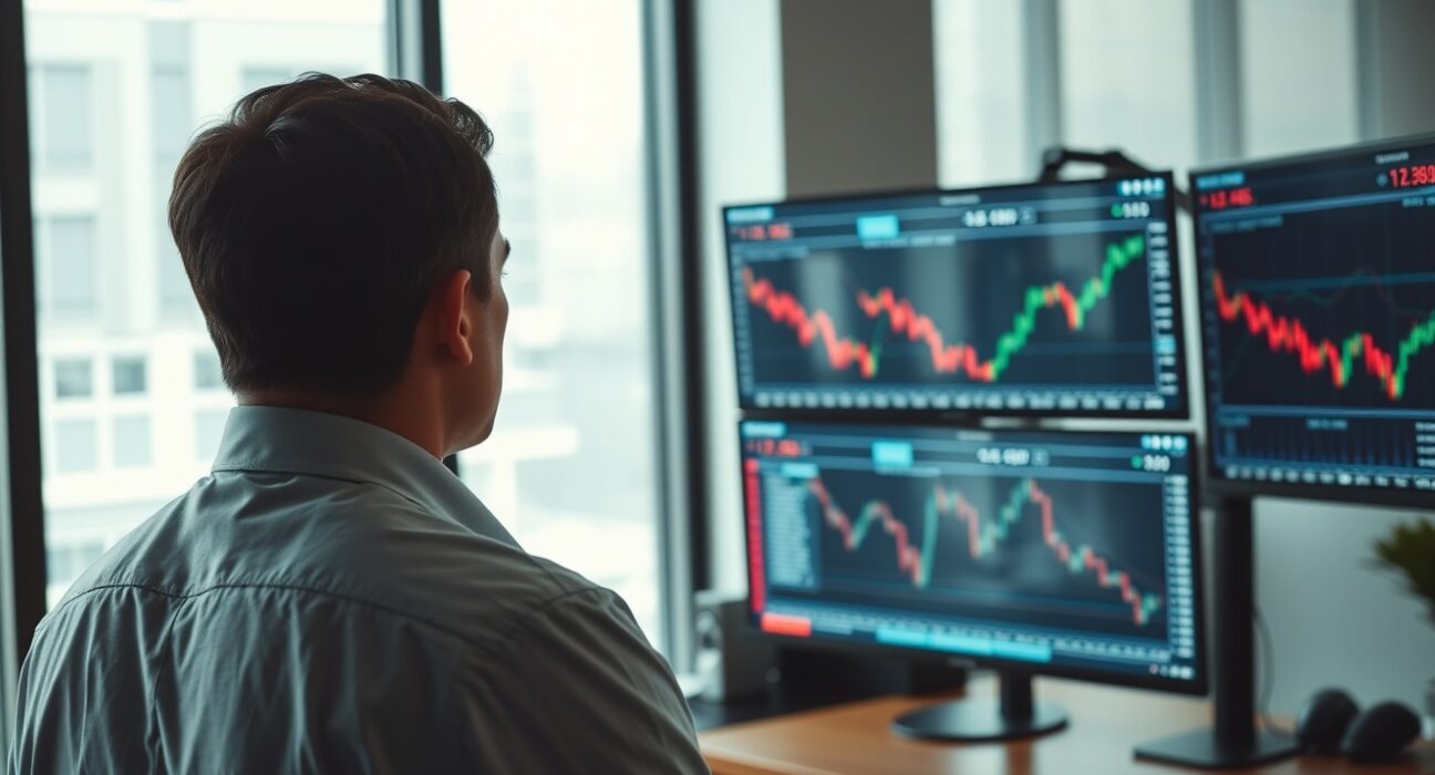 Trader analyzing cryptocurrency charts on multiple screens in a modern office