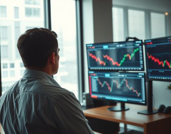 Trader analyzing cryptocurrency charts on multiple screens in a modern office