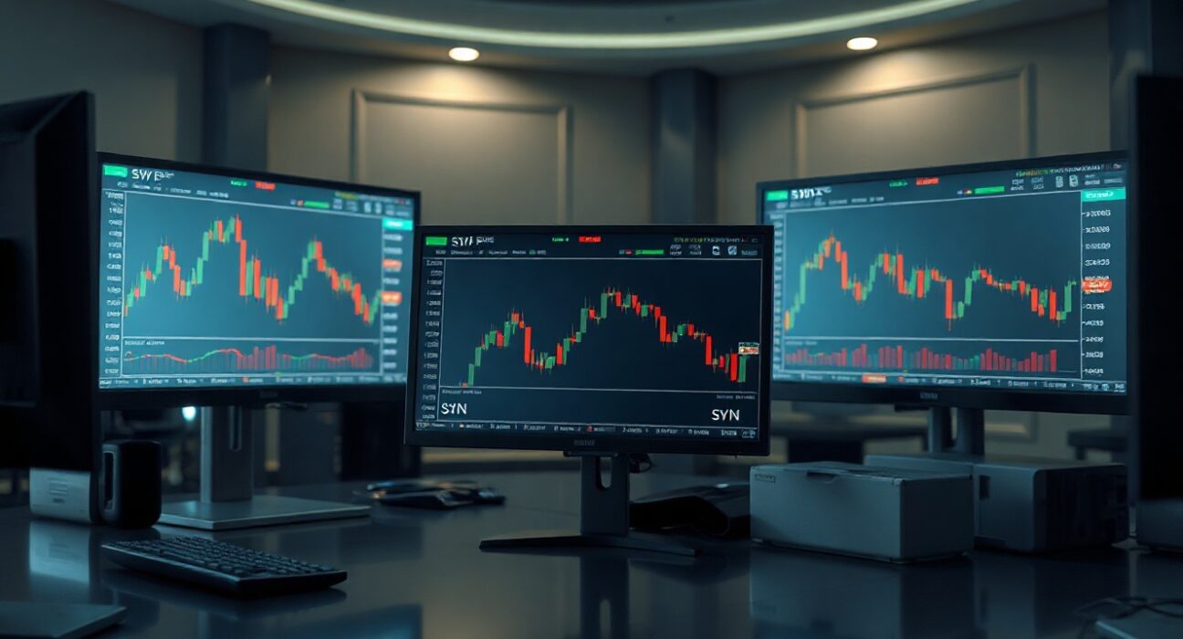 Cryptocurrency trading monitors displaying SYN and ENA price charts on a professional trading desk