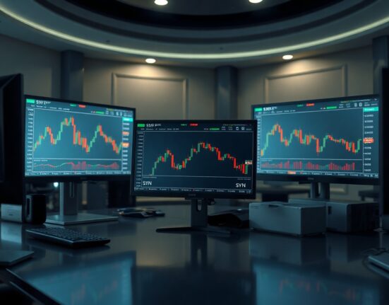 Cryptocurrency trading monitors displaying SYN and ENA price charts on a professional trading desk