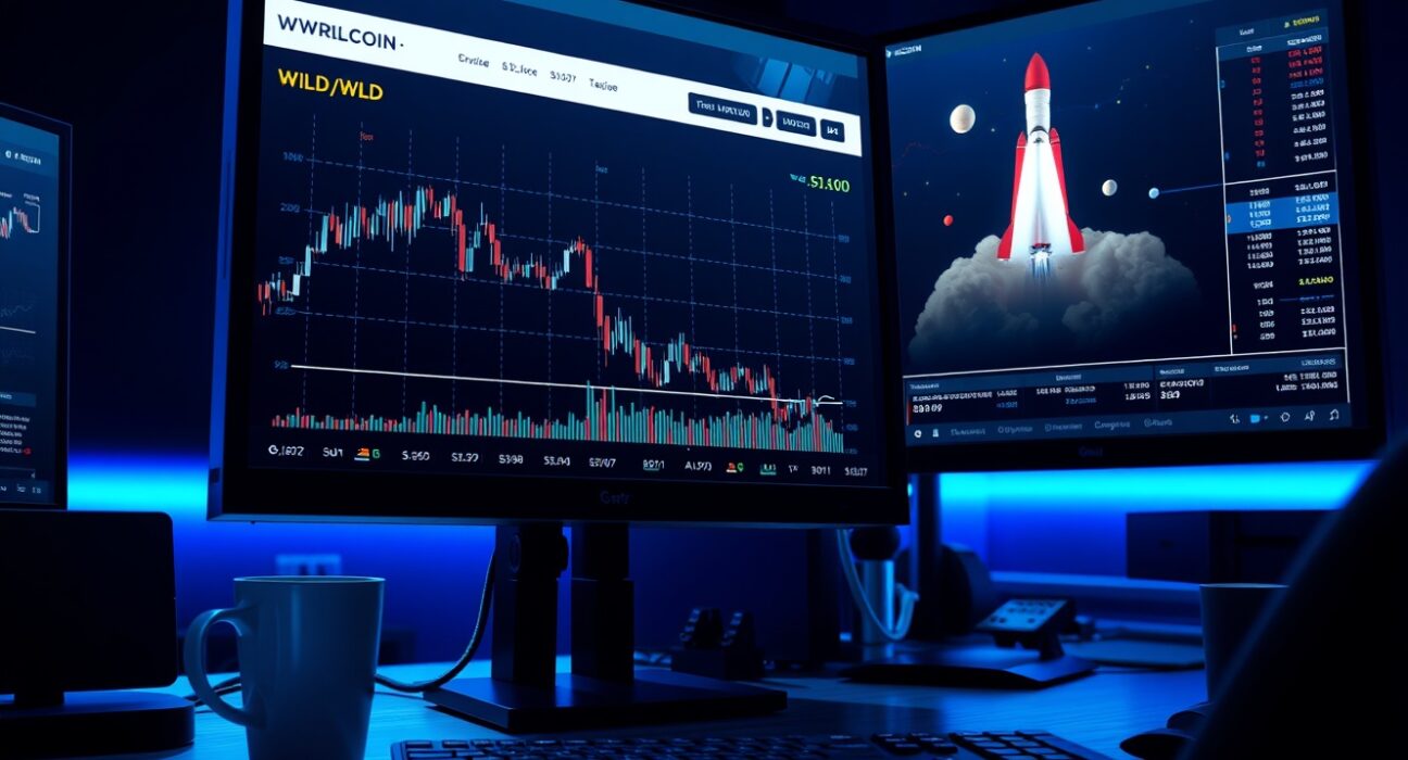 Cryptocurrency trading desk with Worldcoin price chart and SpaceX graphic on monitors