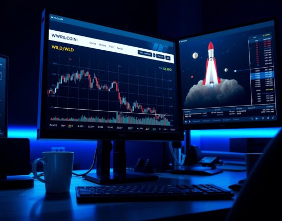Cryptocurrency trading desk with Worldcoin price chart and SpaceX graphic on monitors