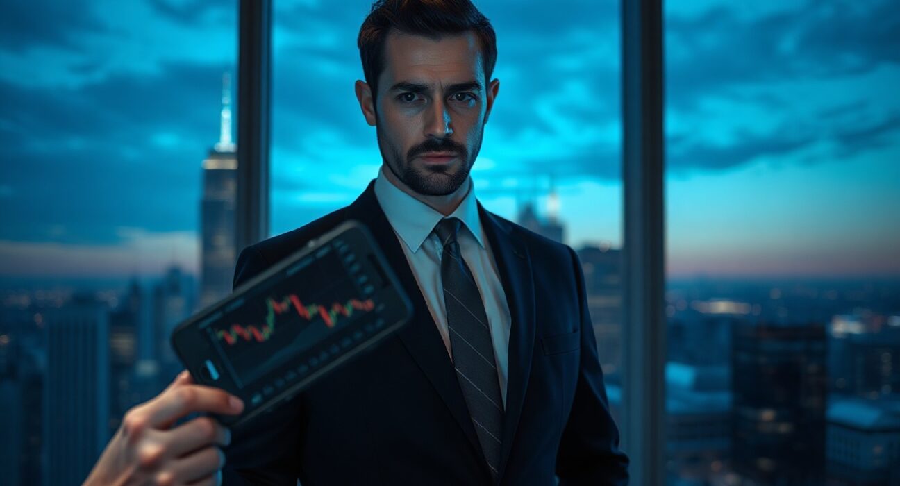 Arthur Hayes holding smartphone with crypto chart, serious expression in office