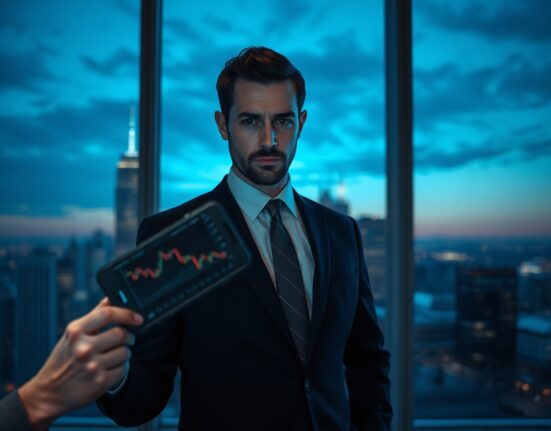 Arthur Hayes holding smartphone with crypto chart, serious expression in office