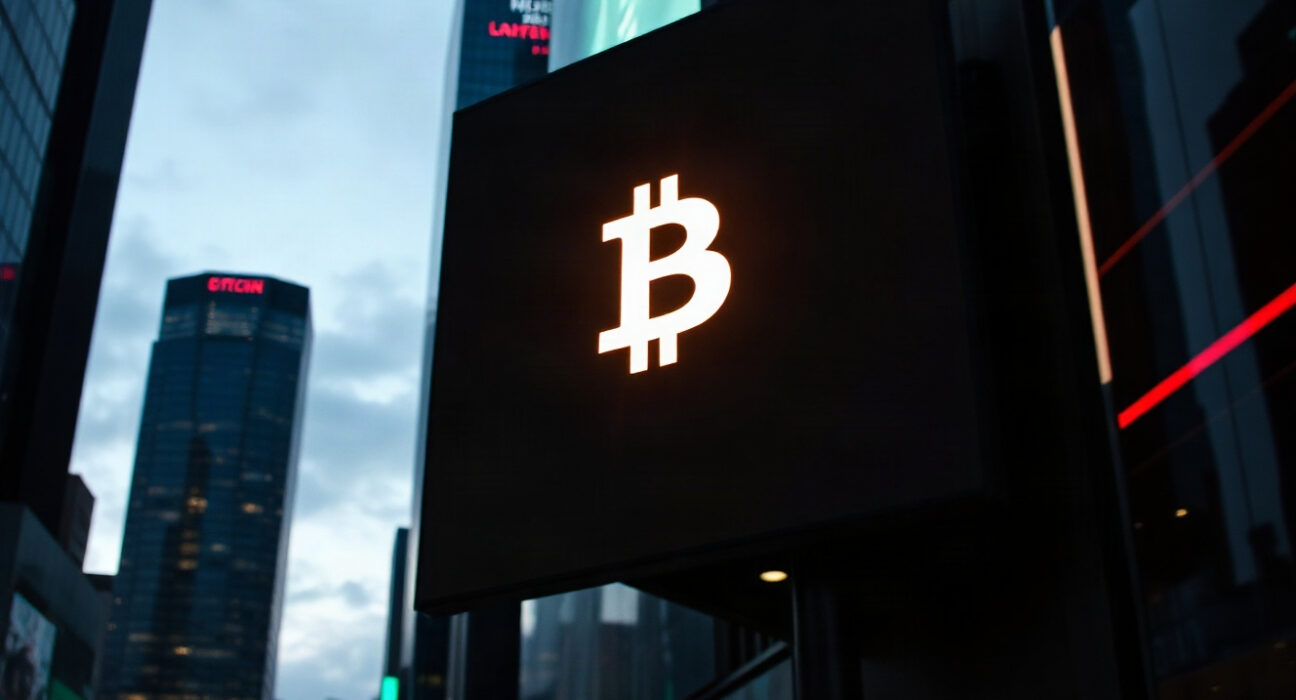 Digital Bitcoin symbol on a screen in a financial district at dusk