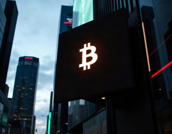 Digital Bitcoin symbol on a screen in a financial district at dusk