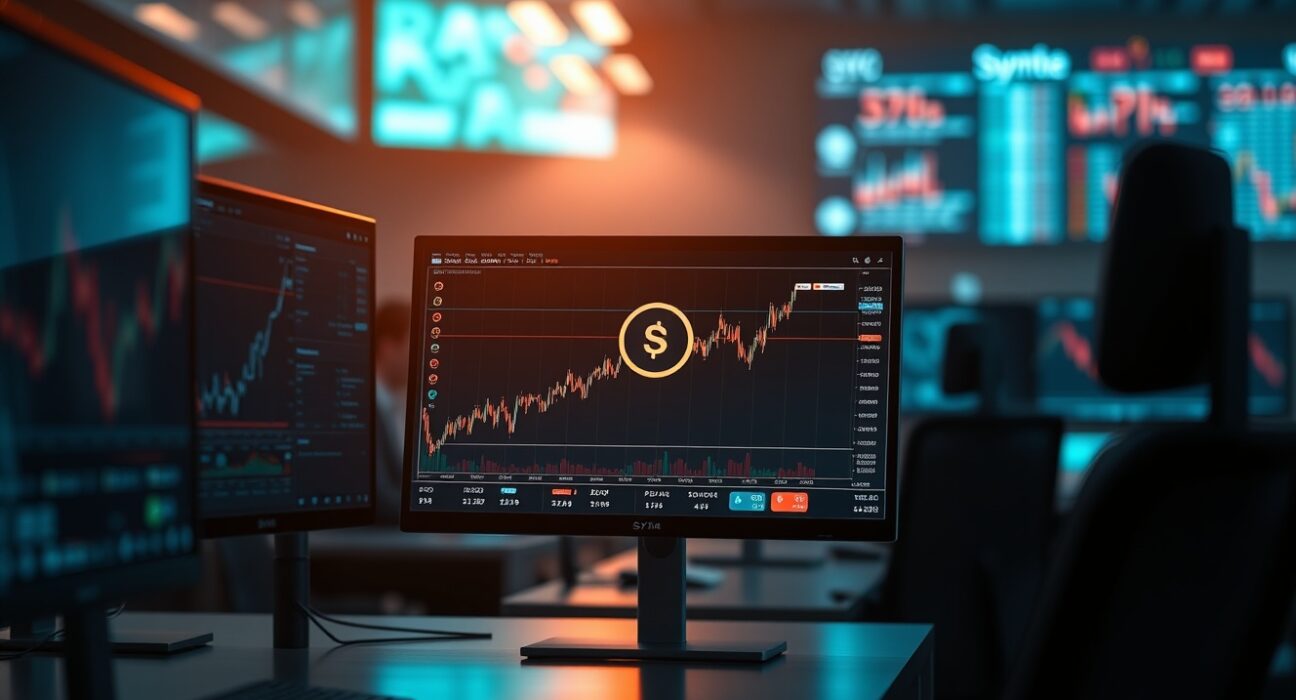 Trading desk monitors showing Synapse (SYN) token price chart and crypto data