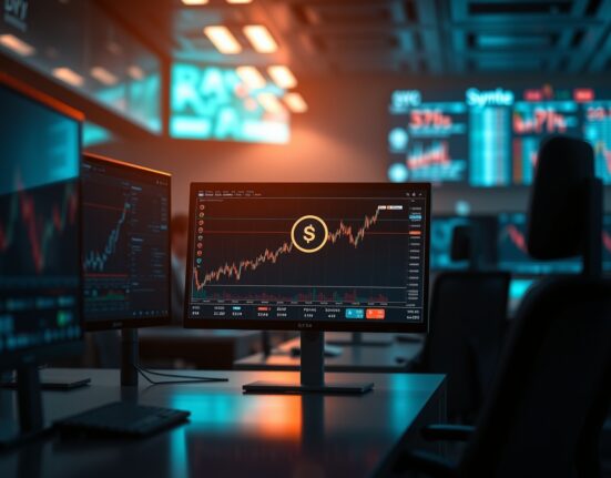 Trading desk monitors showing Synapse (SYN) token price chart and crypto data