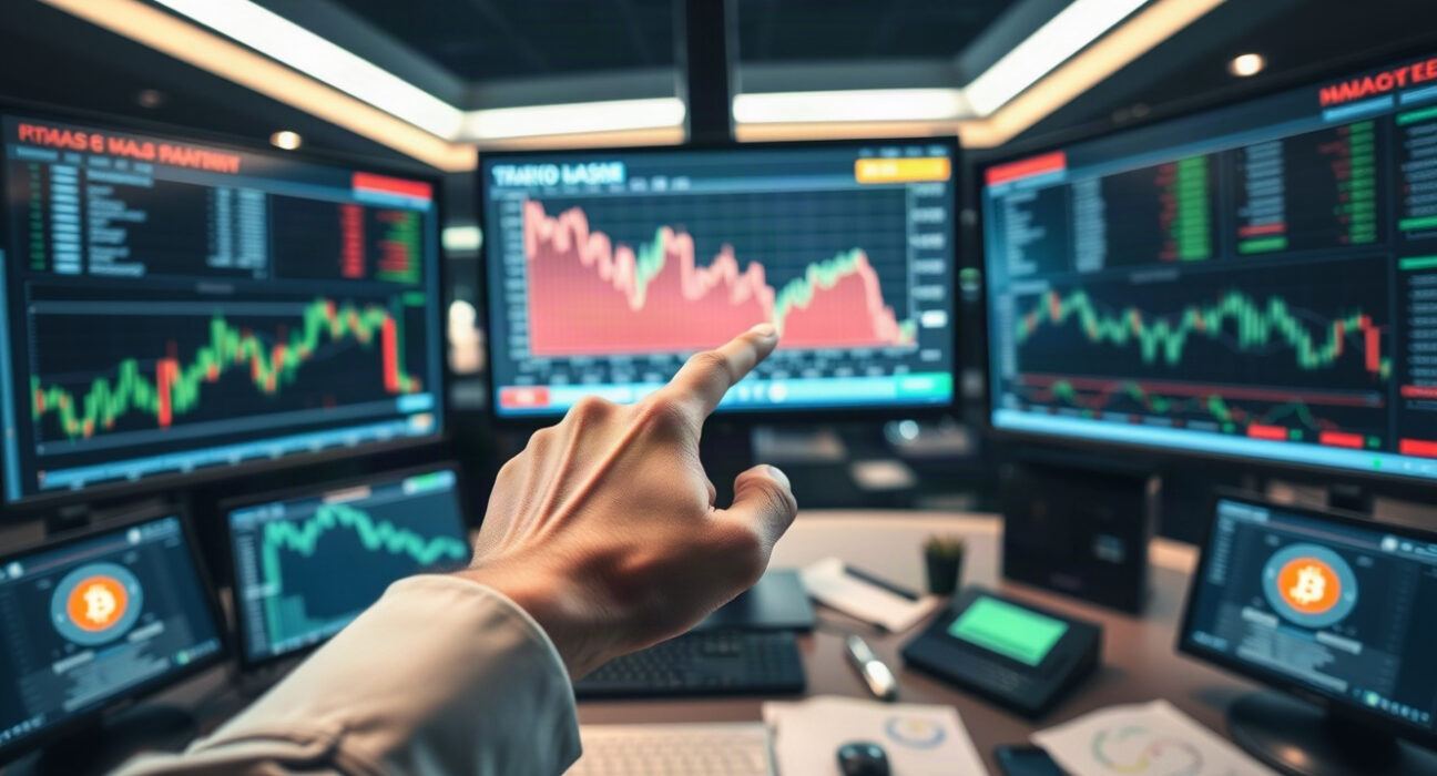 Trader pointing at Bitcoin price chart on monitor in a modern trading room