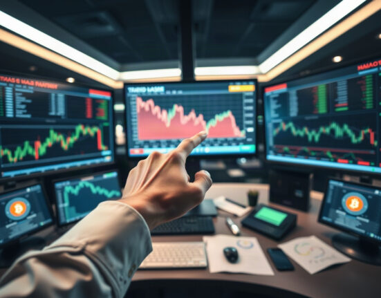 Trader pointing at Bitcoin price chart on monitor in a modern trading room