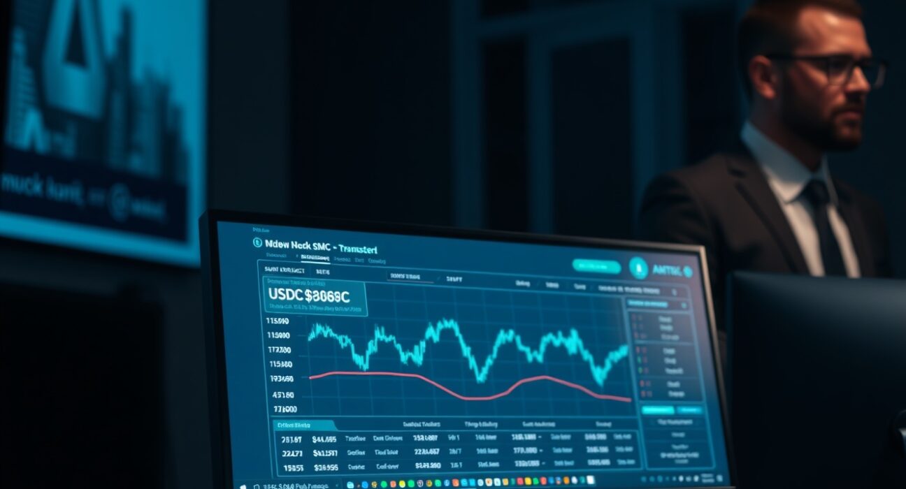 On-chain data screen showing a large USDC transfer from Arthur Hayes to Cumberland in a professional trading environment.