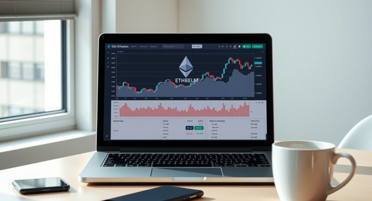 Laptop displaying Ethereum trading charts on a professional desk