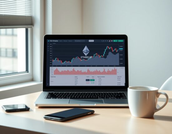 Laptop displaying Ethereum trading charts on a professional desk