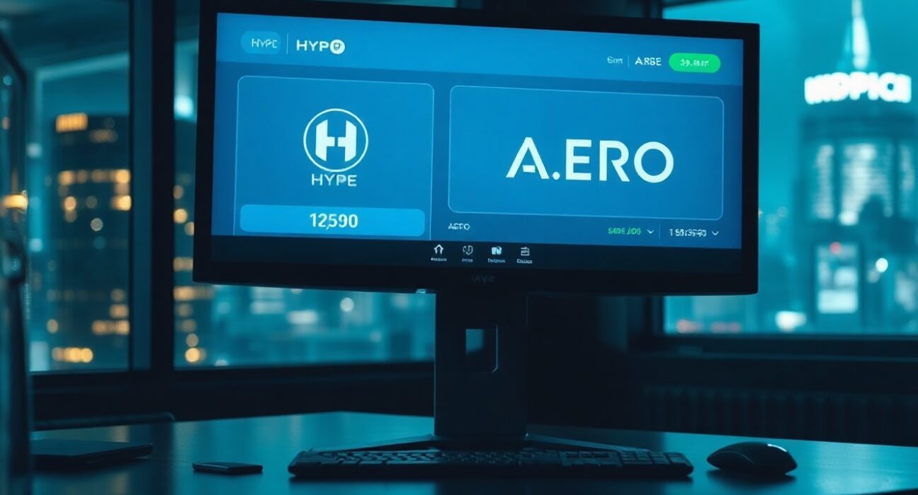 Cryptocurrency exchange interface showing a large deposit of HYPE and AERO tokens on a monitor in a trading office.