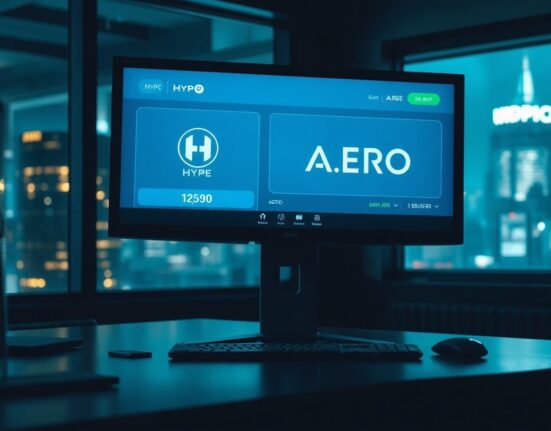 Cryptocurrency exchange interface showing a large deposit of HYPE and AERO tokens on a monitor in a trading office.