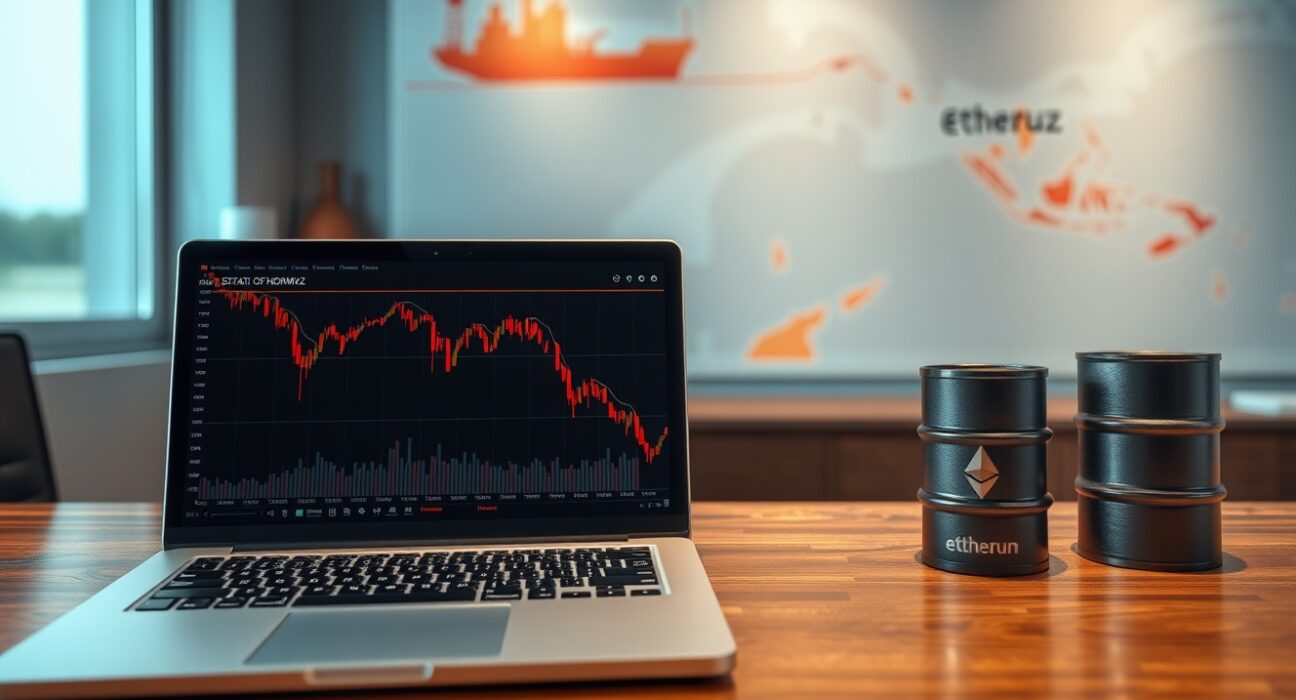 Laptop showing crypto charts with an oil barrel nearby, representing Arthur Hayes' warning about AI bubble and crypto market risk.