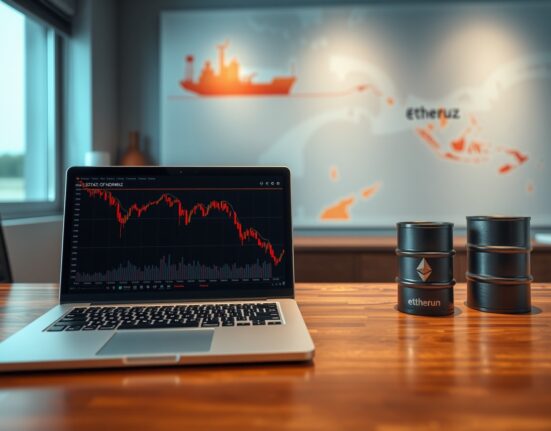 Laptop showing crypto charts with an oil barrel nearby, representing Arthur Hayes' warning about AI bubble and crypto market risk.