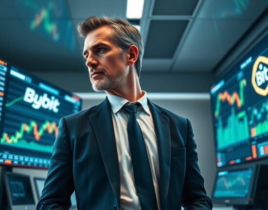 Arthur Hayes in a modern trading office, looking at crypto charts on multiple monitors.
