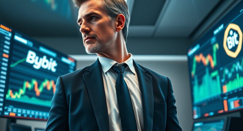 Arthur Hayes in a modern trading office, looking at crypto charts on multiple monitors.