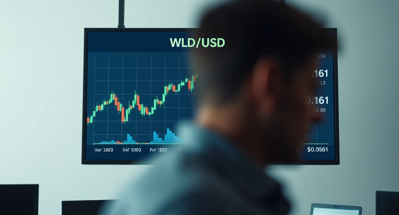 Digital trading screen showing WLD price chart with upward trend, representing Arthur Hayes' $10 price target.