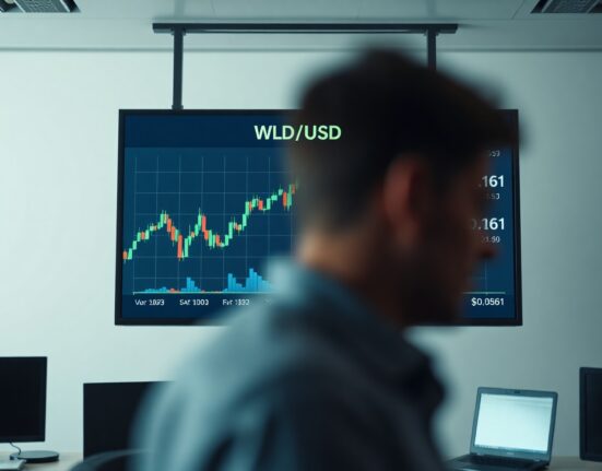 Digital trading screen showing WLD price chart with upward trend, representing Arthur Hayes' $10 price target.