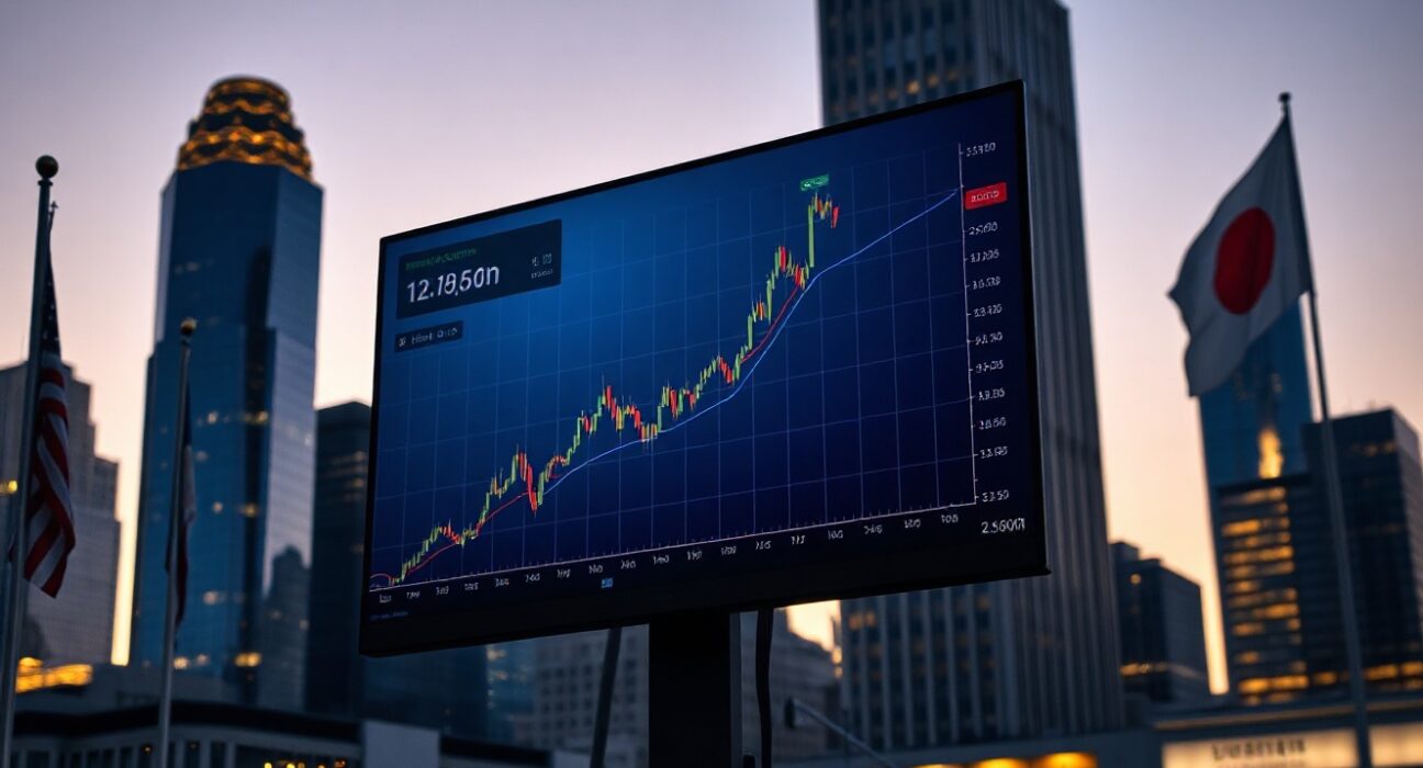 Bitcoin chart on a digital screen with U.S. and Japanese flags in a financial district at dusk