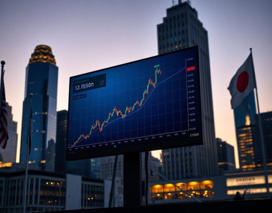 Bitcoin chart on a digital screen with U.S. and Japanese flags in a financial district at dusk
