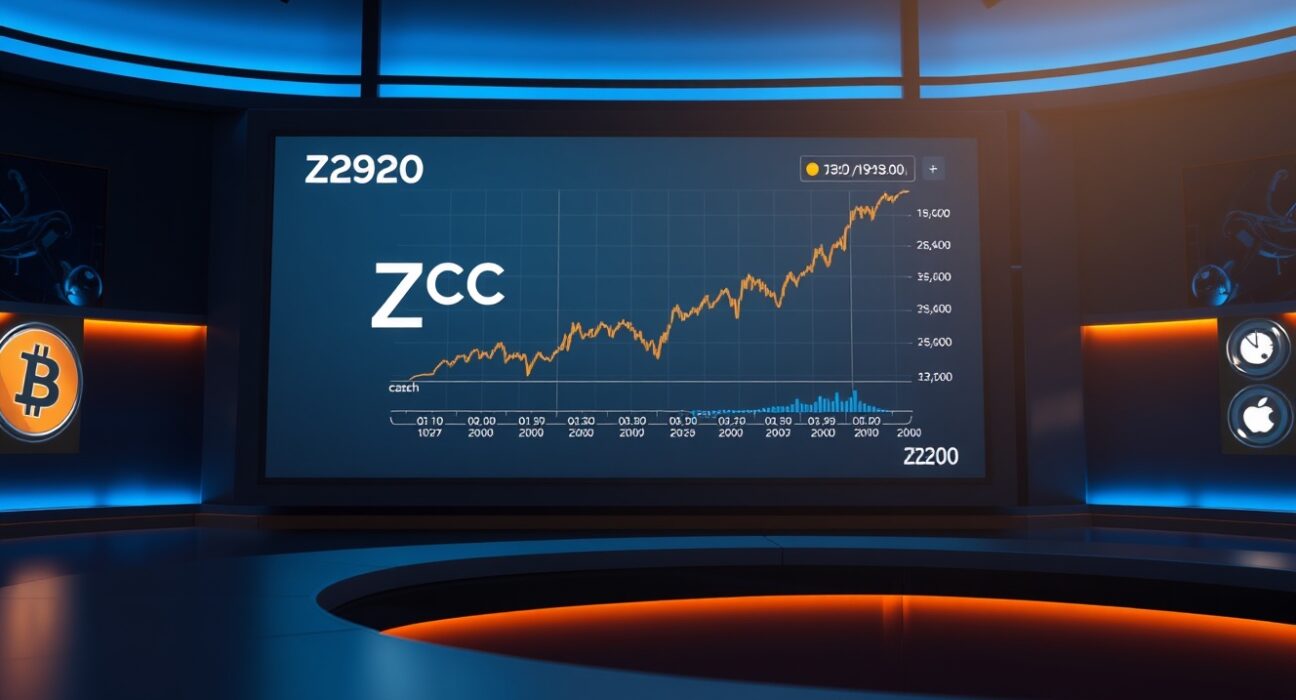 Digital display showing Zcash price chart and Bitcoin logo in a financial news studio