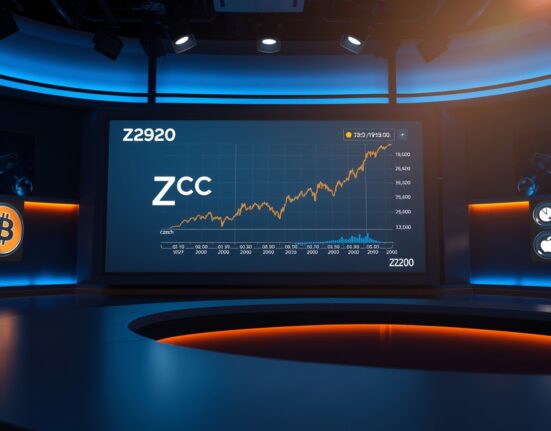 Digital display showing Zcash price chart and Bitcoin logo in a financial news studio