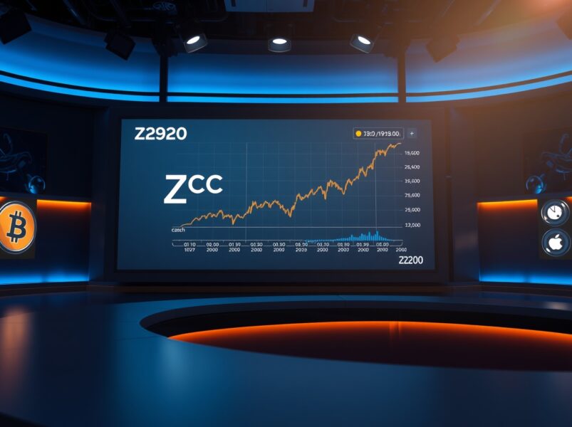 Digital display showing Zcash price chart and Bitcoin logo in a financial news studio
