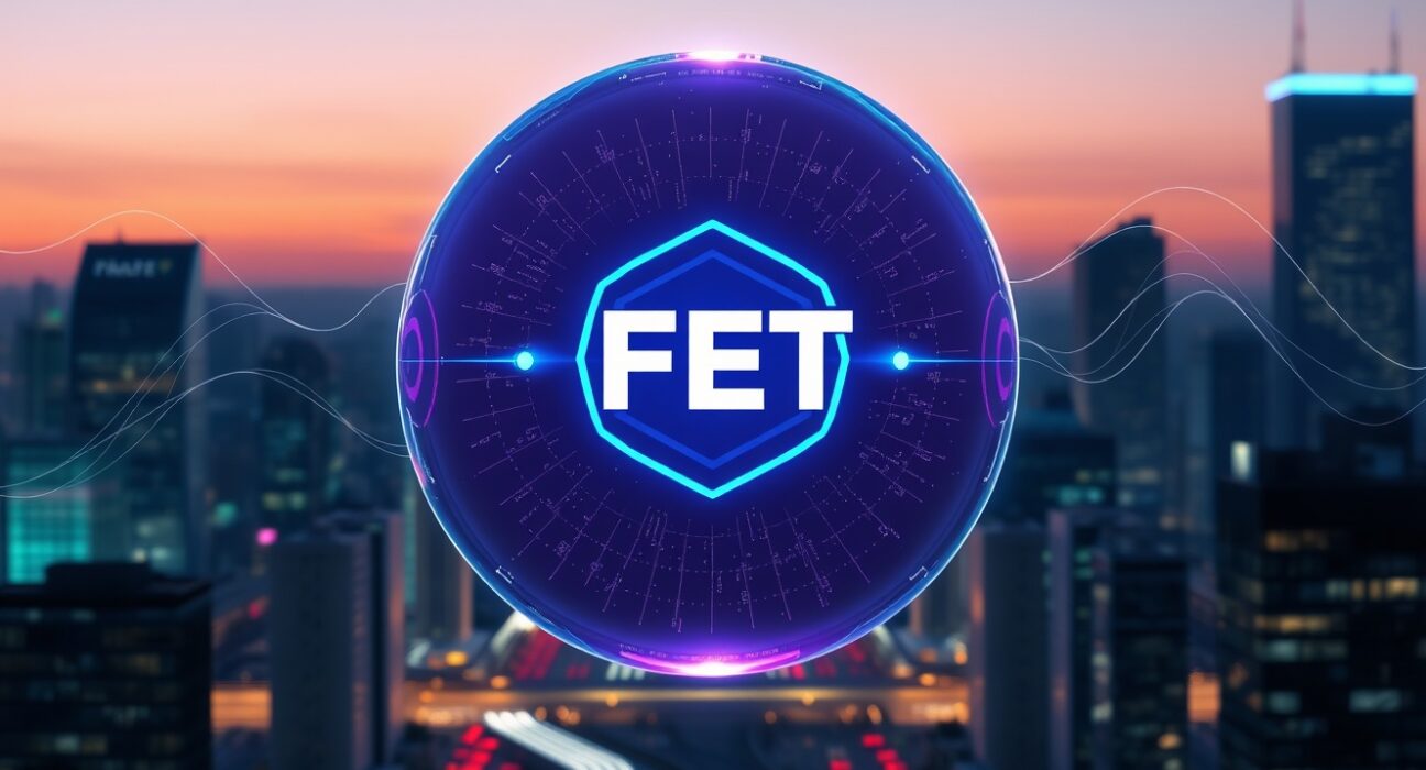 Holographic FET token symbol floating above a futuristic digital cityscape at twilight.