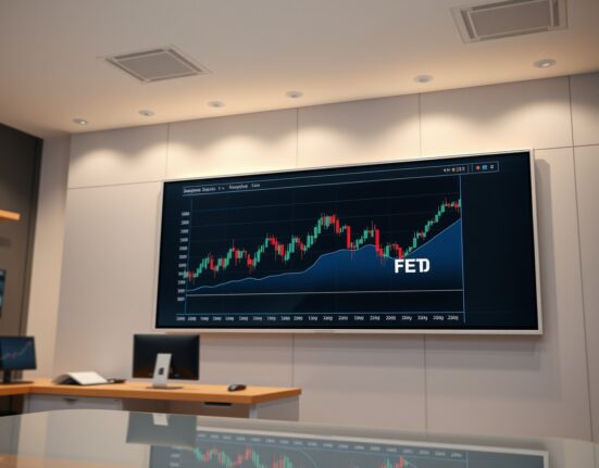 Digital display showing FET token price chart in a professional newsroom setting