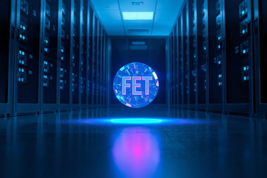 Holographic FET token symbol in a modern data center representing AI and cryptocurrency convergence.