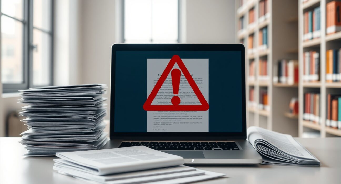 A laptop with a red warning symbol on a scientific paper in a library setting