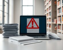 A laptop with a red warning symbol on a scientific paper in a library setting
