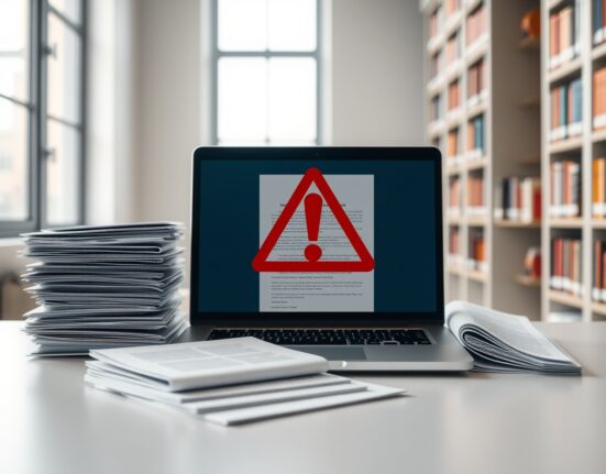A laptop with a red warning symbol on a scientific paper in a library setting