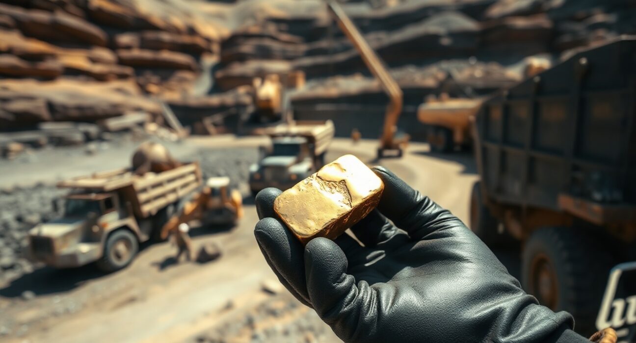 Gold nugget held in a miner's gloved hand at an open-pit mine, representing gold investment and mining operations.