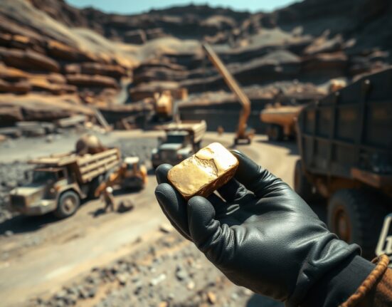 Gold nugget held in a miner's gloved hand at an open-pit mine, representing gold investment and mining operations.