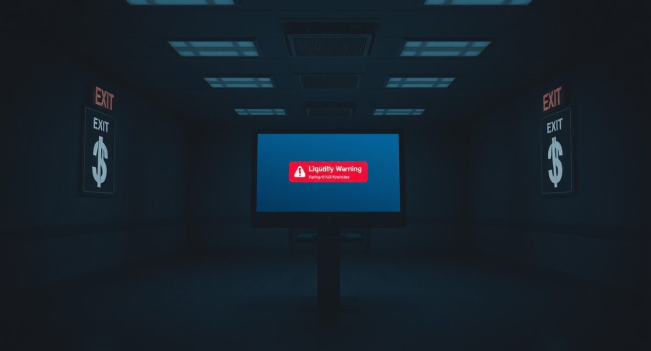 Empty cryptocurrency exchange office with monitor showing withdrawal warning