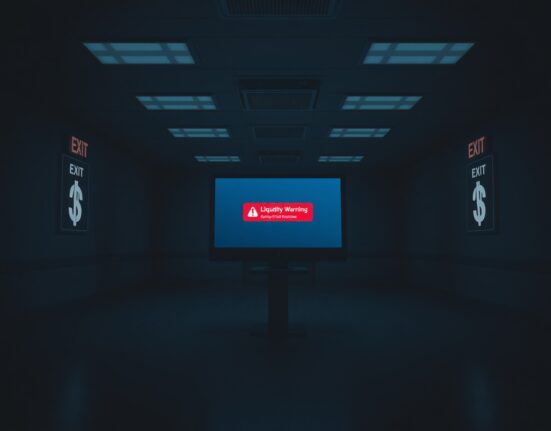 Empty cryptocurrency exchange office with monitor showing withdrawal warning