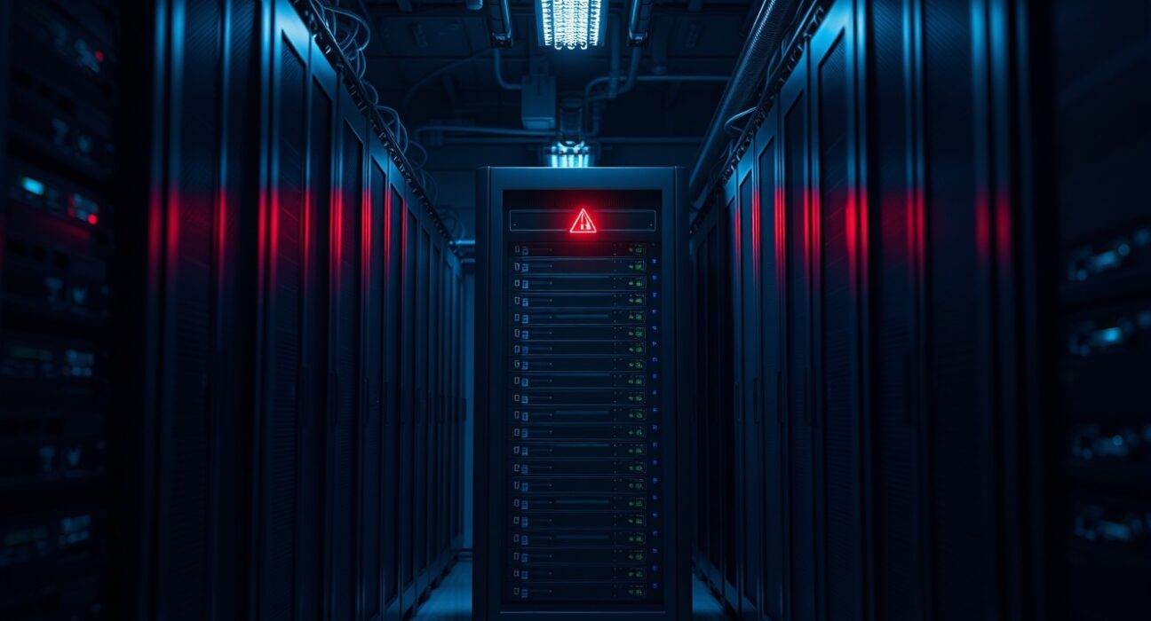 Server rack with red warning light in a dim data center, representing cryptocurrency exchange operational issues