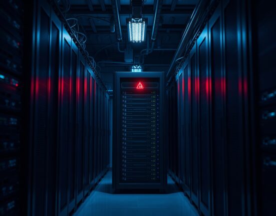 Server rack with red warning light in a dim data center, representing cryptocurrency exchange operational issues