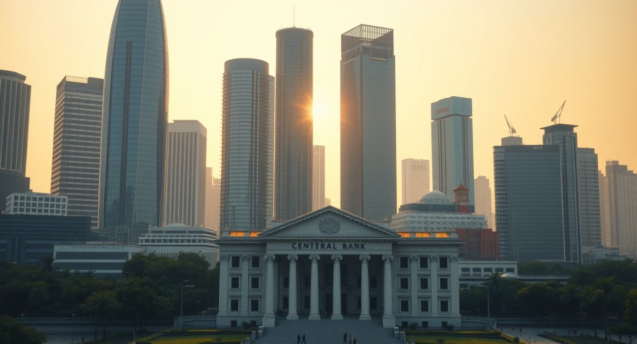 Southeast Asian financial district skyline at dawn representing ASEAN-6 economic outlook and inflation analysis.
