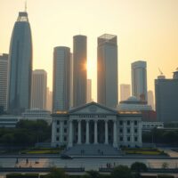Southeast Asian financial district skyline at dawn representing ASEAN-6 economic outlook and inflation analysis.
