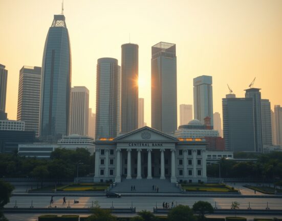 Southeast Asian financial district skyline at dawn representing ASEAN-6 economic outlook and inflation analysis.