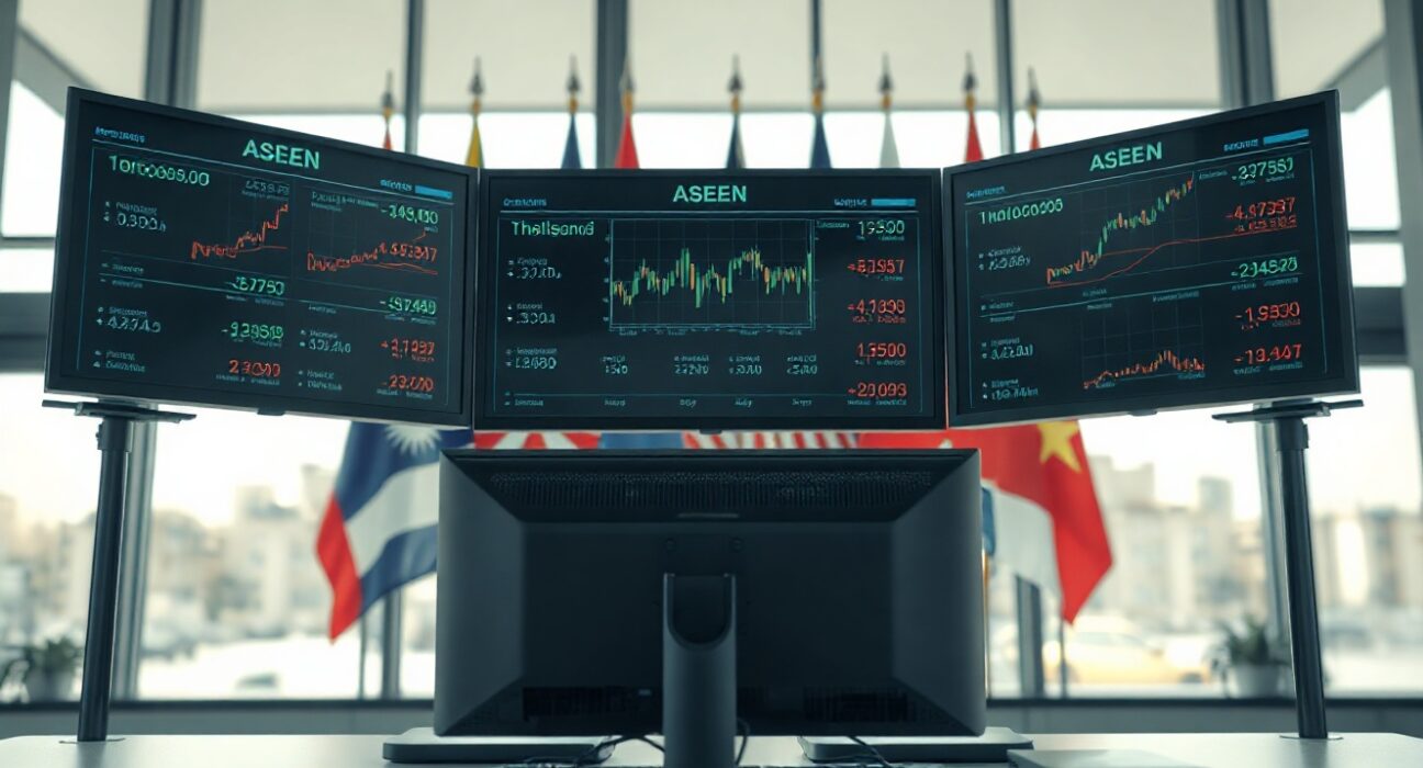 Analyst monitors showing ASEAN currency charts and flags in a financial office