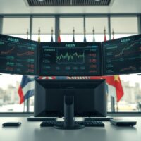 Analyst monitors showing ASEAN currency charts and flags in a financial office