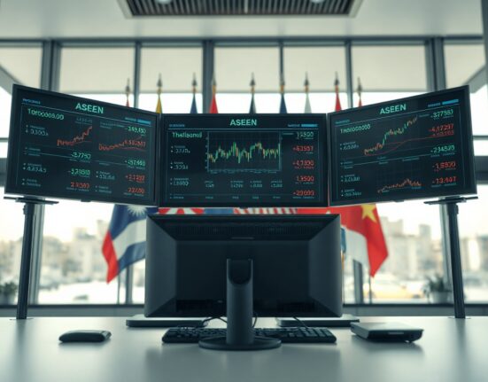Analyst monitors showing ASEAN currency charts and flags in a financial office